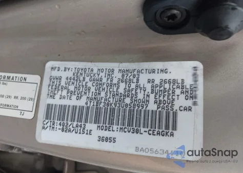 2003 Toyota Camry Xle V6 from USA, damaged, VIN 4T1BF30K93U058997